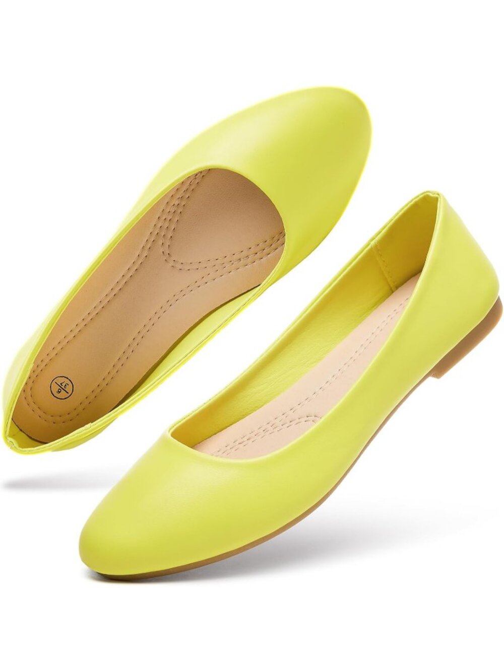 Women's Lemon Yellow Comfortable PU Leather Round Toe Slip on Ballet Flat Shoes